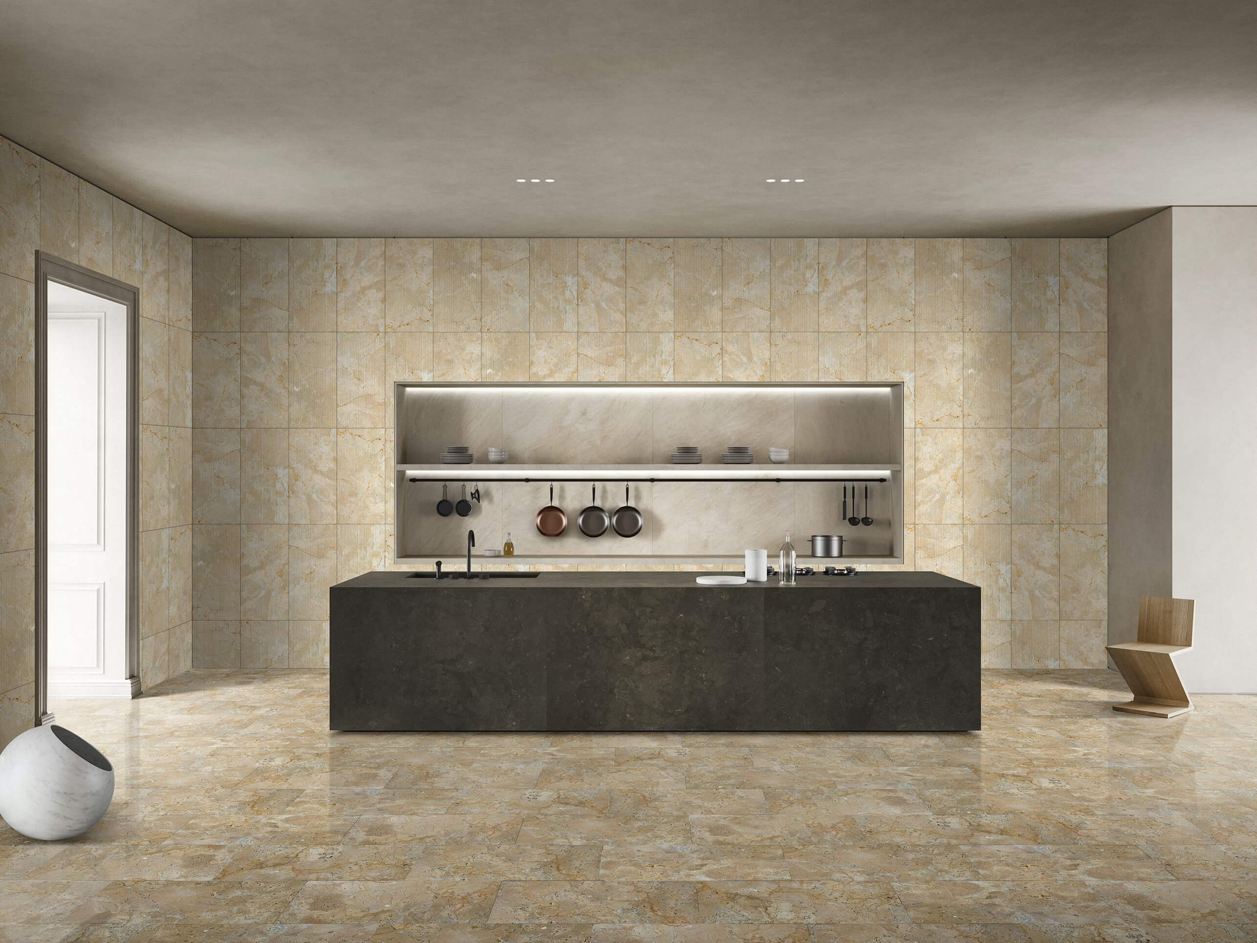 Seamlessly installed 12x24 Hyatt Gold marble tiles in a spacious kitchen, featuring a polished floor and FS wall combination. Premium quality, uniquely veined, and in stock in our US warehouse.