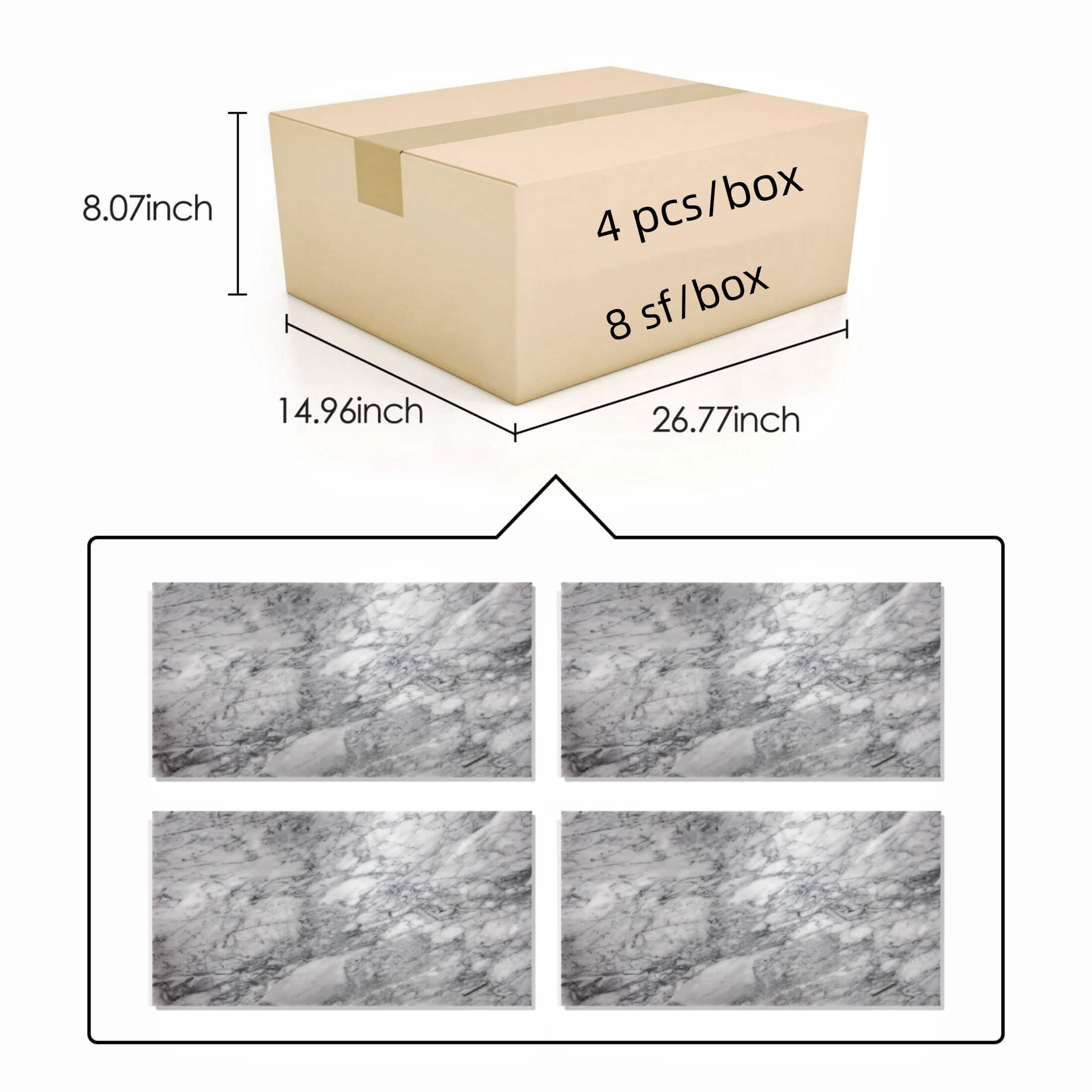 Secure damage-proof packaging for 12x24 Carrara Gray marble tiles, covering 8 square feet with 4 pieces per box, ready for US warehouse shipping.