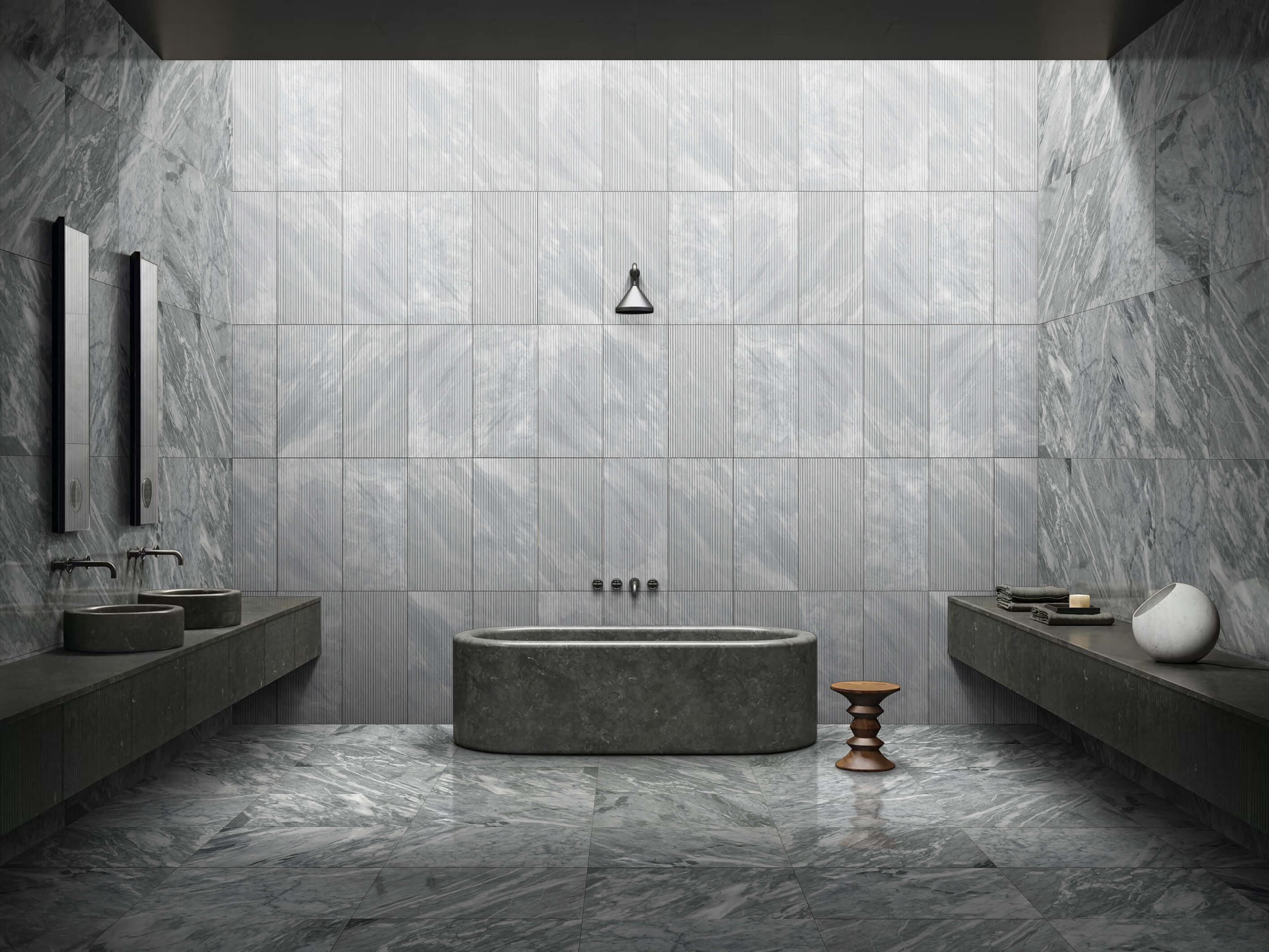 Luxurious spa-like bathroom interior utilizing 12x24 Carrara Gray polished marble for the floor and OL textured finish for the walls. Exclusive 100% natural stone.