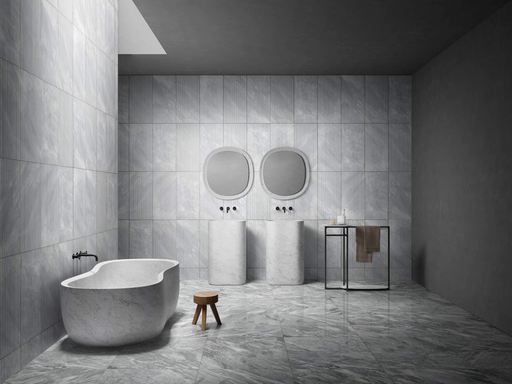 Minimalist bathroom remodel showcasing the perfect match of 12x24 Carrara Gray polished marble floors and OL textured finished wall tiles. Easy to install for a seamless look.