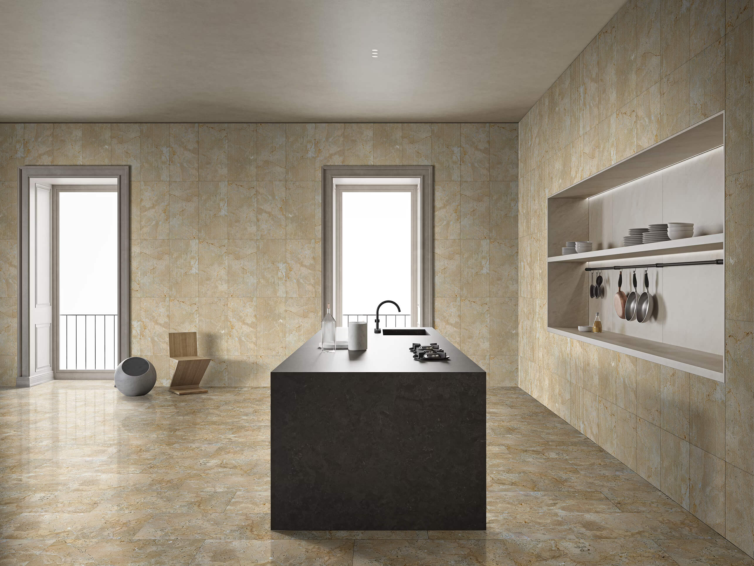 Premium Hyatt Gold natural marble showcasing an inspiring mix of polished and FS finishes. Enjoy easy installation and 100% unique natural veining for your high-end residential projects.