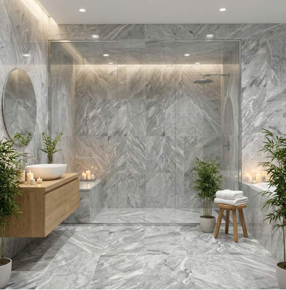 Modern spa-like bathroom featuring 12x24 Carrara Gray polished marble tiles on floors and shower walls, showcasing 100% natural and unique stone veining.