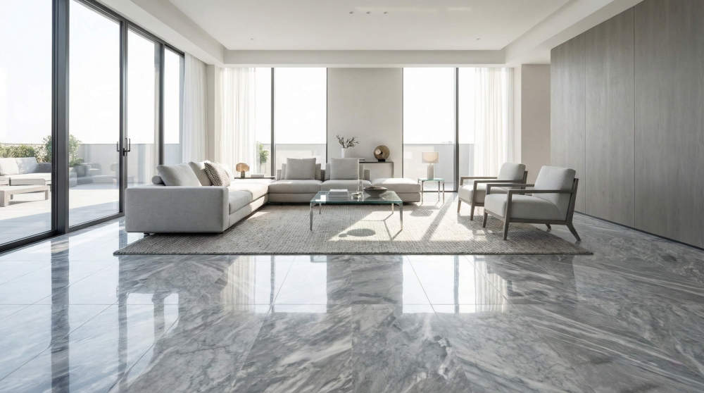 Bright modern living room featuring 12x24 Carrara Gray polished marble floor tiles. The 100% natural stone reflects light beautifully, highlighting its unique grey veining.