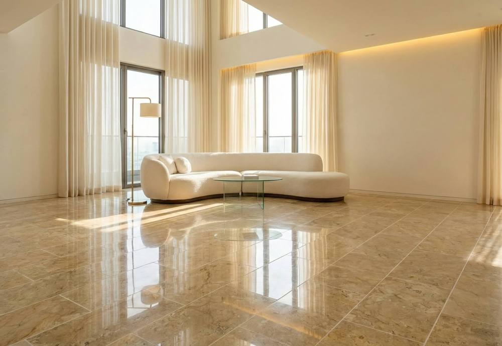 Large, sunlit living room featuring 12x24 Hyatt Gold marble flooring, in stock in our US warehouse for premium, high-end residential projects.