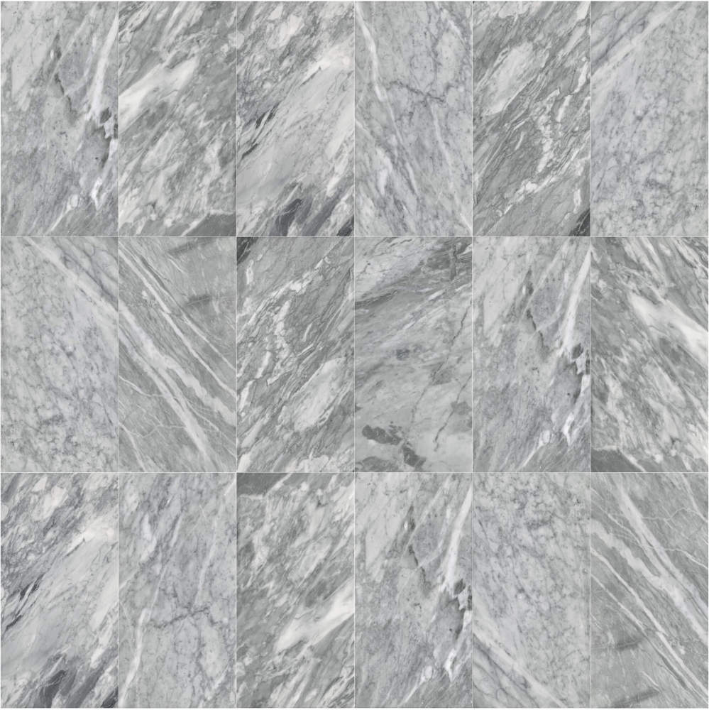 Stunning layout of multiple 12x24 Carrara Gray polished marble tiles, demonstrating that every natural marble piece is unique in its elegant veining.