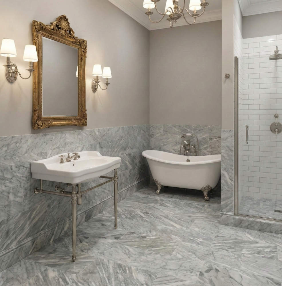Classic bathroom design featuring 12x24 Carrara Gray polished marble tiles for wainscoting and floors. This exclusive natural stone is in stock at our US warehouse, ready for your next project.