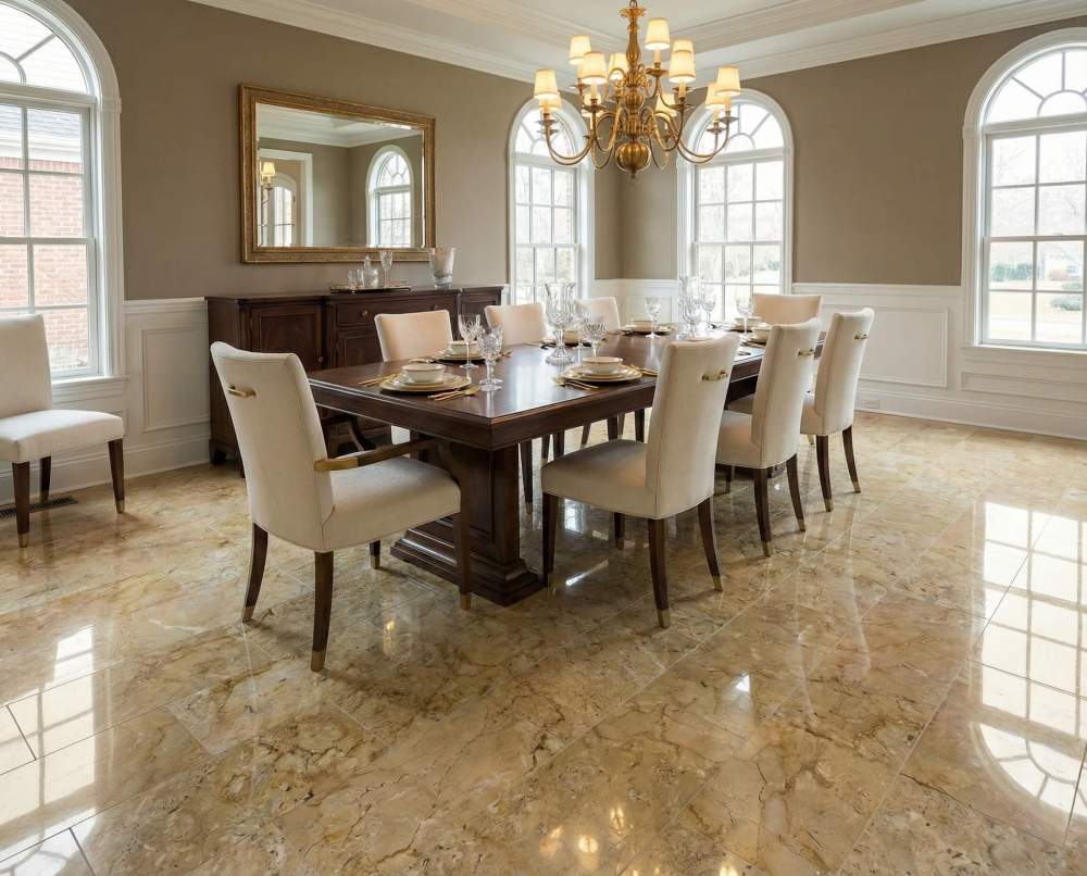 Elegant dining room featuring Hyatt Gold polished marble floor tiles, highlighting the easy installation and the 100% natural, unique stone variations.