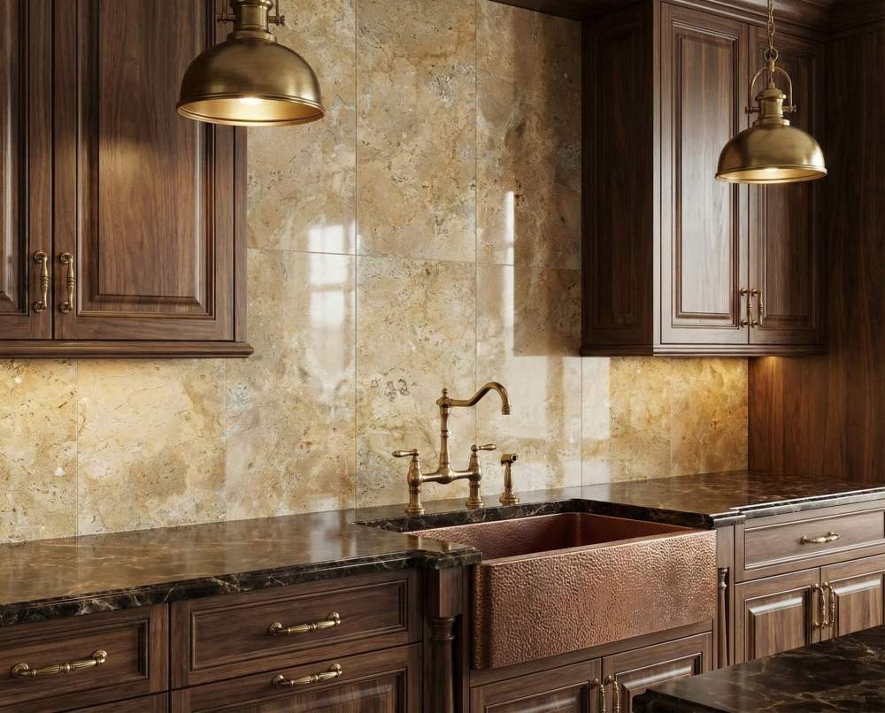 Premium kitchen backsplash and wall design using 12x24 Hyatt Gold polished marble tiles, blending luxurious natural gold veins with custom cabinetry.