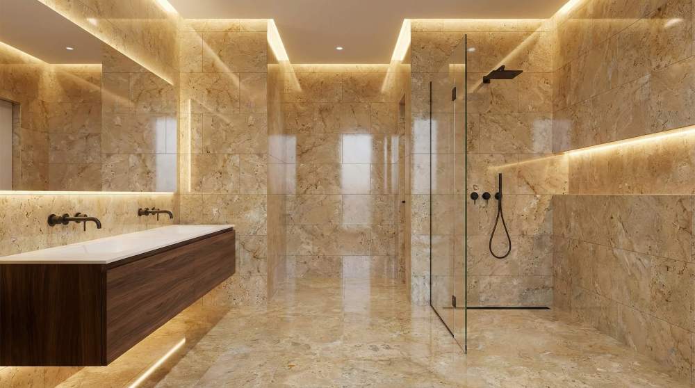 Luxury bathroom featuring 12x24 Hyatt Gold polished marble tiles on walls and floors, showcasing the exclusive 100% natural stone elegance and unique gold veins.