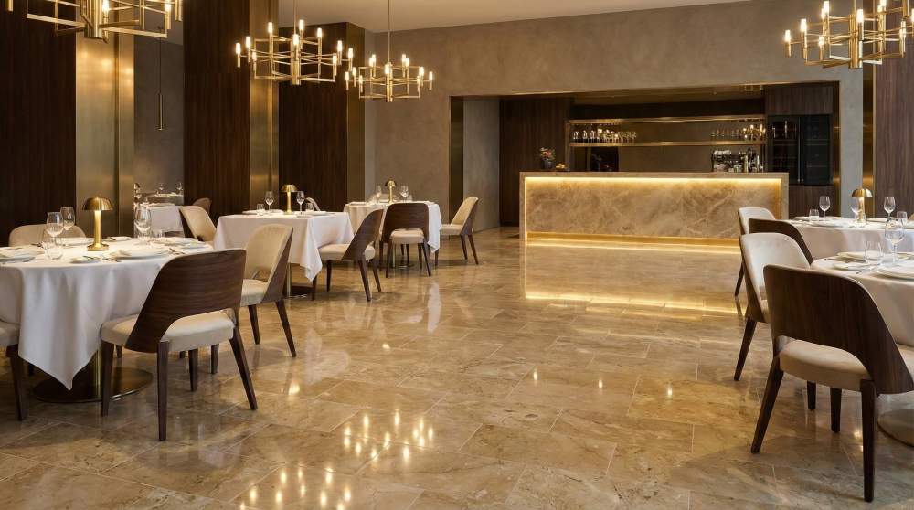 Upscale commercial dining space featuring durable 12x24 Hyatt Gold polished marble flooring. This 100% natural stone delivers a luxurious, one-of-a-kind aesthetic suitable for high-traffic hospitality projects.