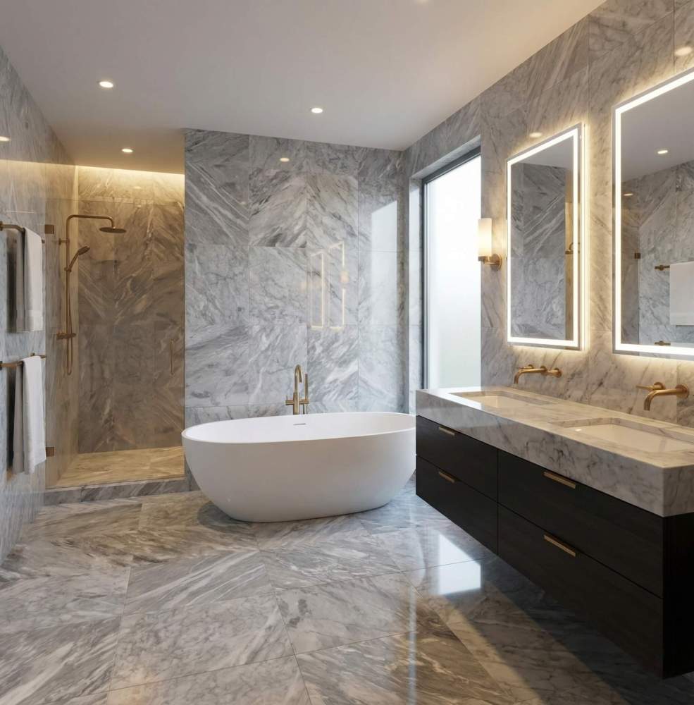 Luxury bathroom remodel using 12x24 Carrara Gray polished marble tiles. These easy-to-install, unique natural stone pieces elegantly elevate both floor and wall designs.