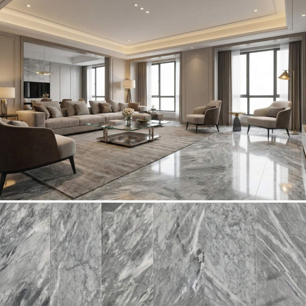 Luxurious living room flooring showcasing the elegant layout of 12x24 Carrara Gray polished marble tiles. These premium natural stones are in stock at our US warehouse, ready for your home remodel.