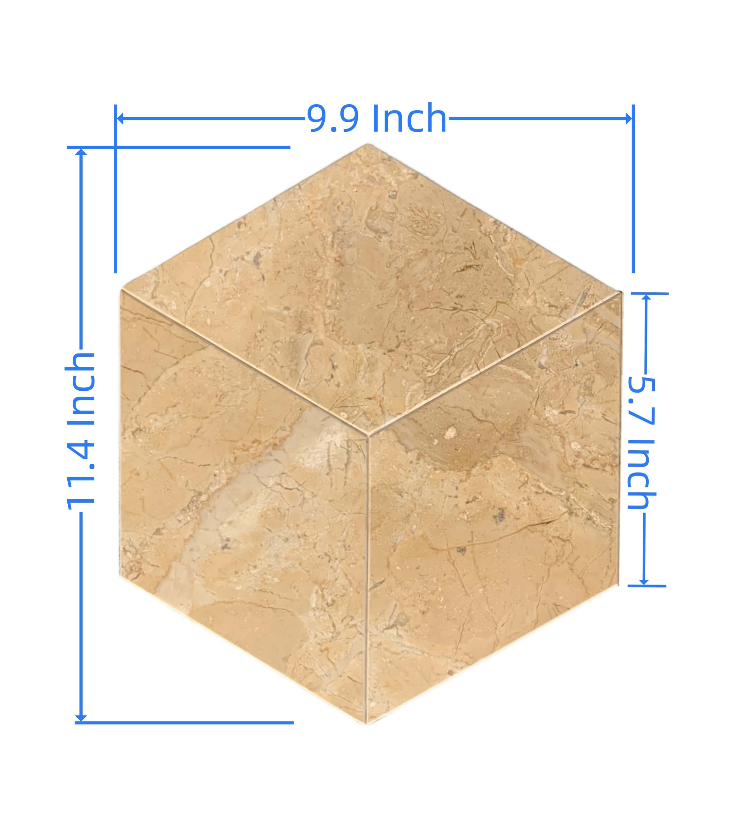 Exact dimensions of the Hyatt Gold natural marble hexagon tile: 11.4 inches in height, 9.9 inches in width, and 5.7 inches per side. Precision cut for easy assembly and installation.