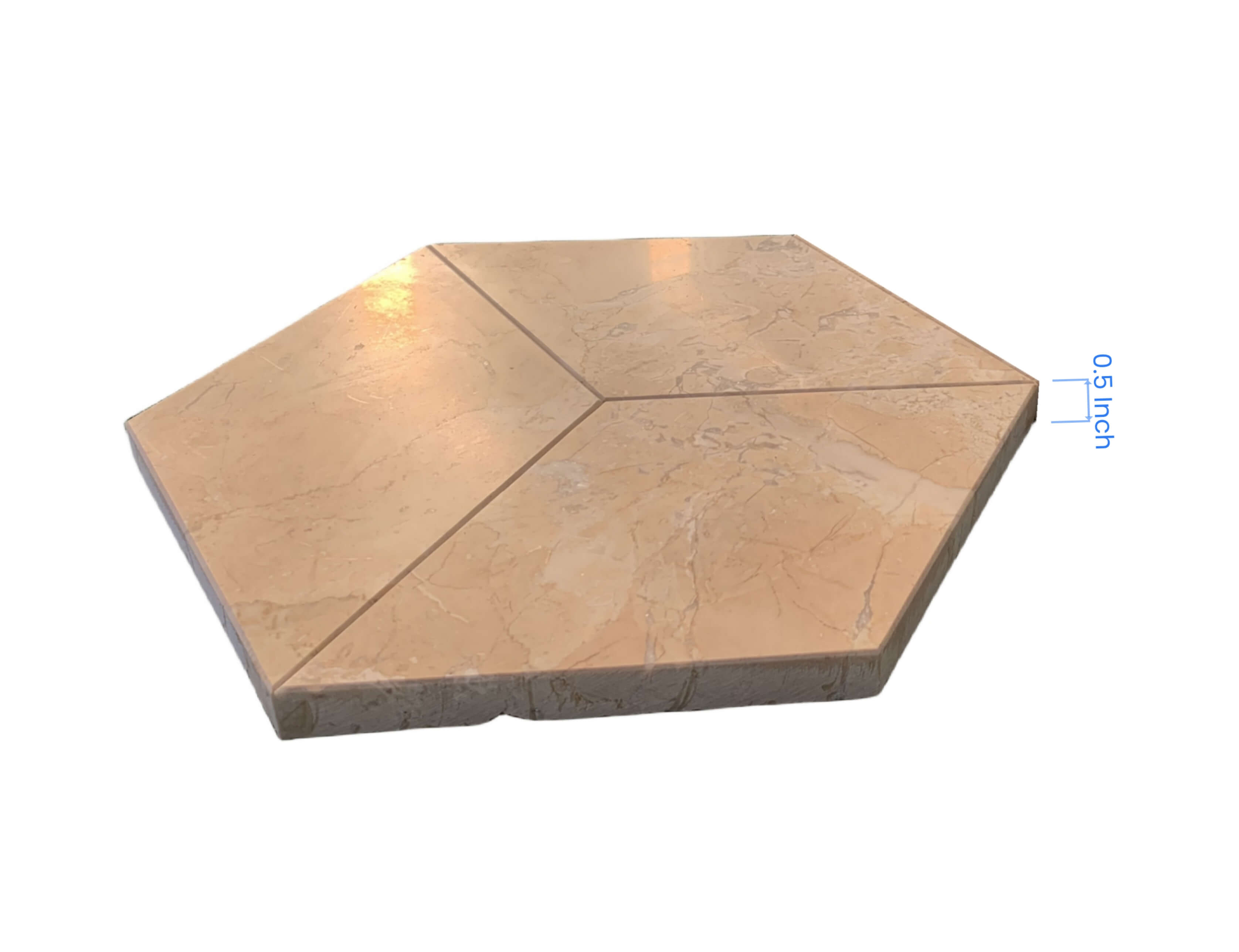 Side view showcasing the durable 0.5-inch thickness of the Hyatt Gold polished marble hexagon tile. Premium natural stone ensuring long-lasting quality for luxury wall and floor designs.
