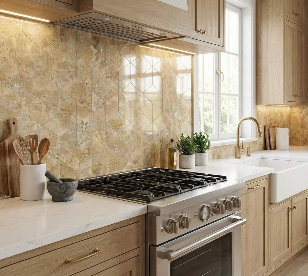 Stunning kitchen backsplash featuring Hyatt Gold beige polished marble hexagon tiles. This 100% natural, exclusive stone perfectly complements light wood cabinets, creating a warm and sophisticated culinary space.