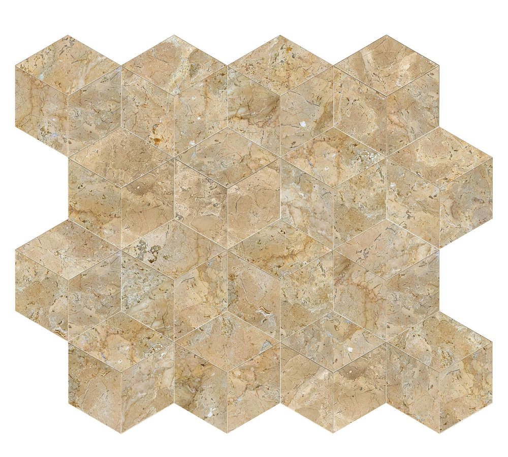 Stunning 3D geometric pattern layout using 16 pieces of Hyatt Gold beige polished marble hexagon tiles. Each exclusive natural stone piece has unique veining, creating a seamless and luxurious design.