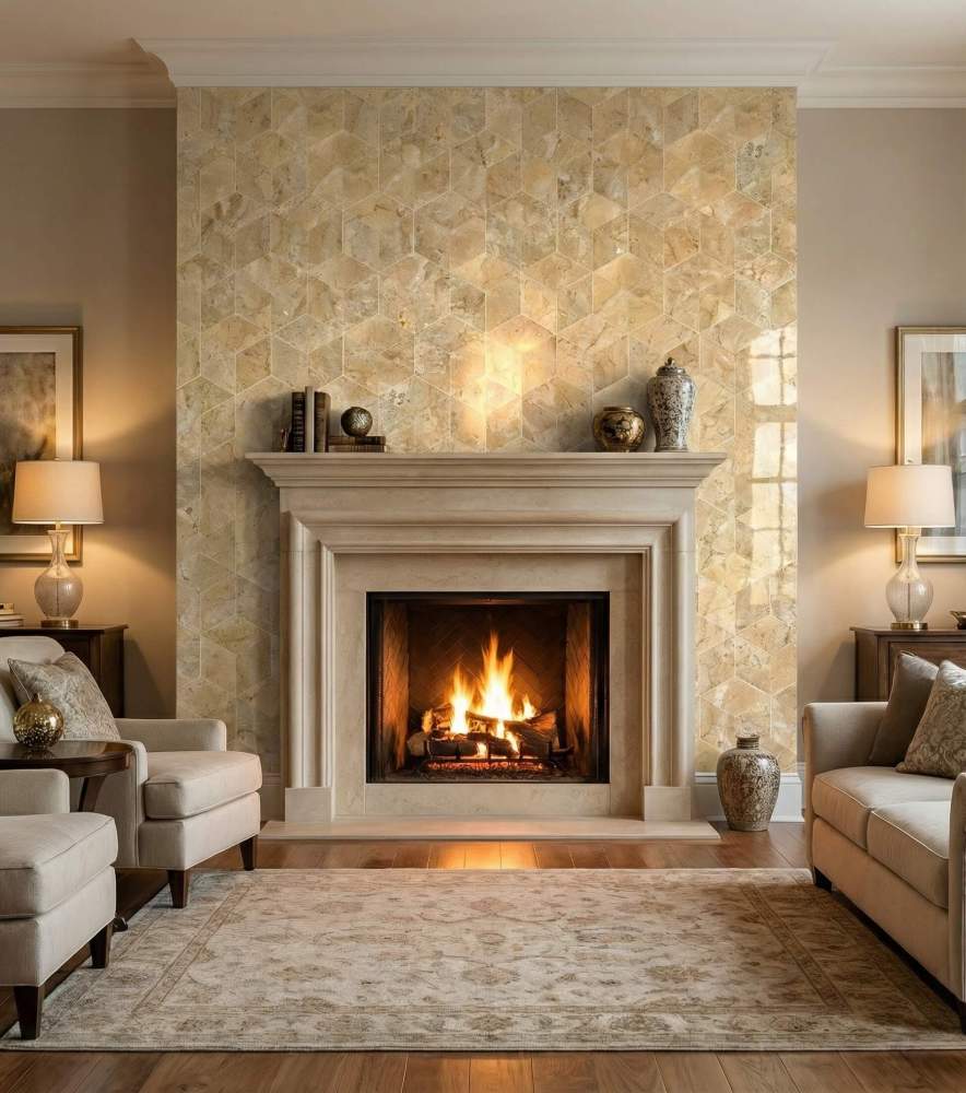 Classic living room featuring a grand fireplace surround designed with Hyatt Gold polished marble hexagon tiles. The unique natural stone veining brings unparalleled luxury and warmth to the space.