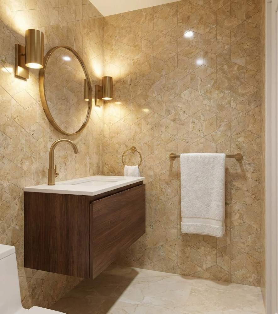 Transform your bathroom with the exclusive Hyatt Gold natural marble hexagon tile. The polished finish and 3D cube effect elevate this luxury bathroom vanity wall, featuring 100% unique natural stone veining.