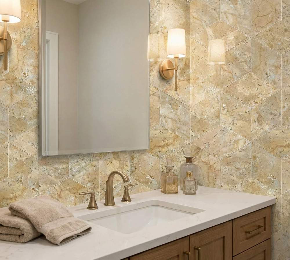 Modern bathroom design enhanced by the Hyatt Gold beige marble hexagon tile wall. Every piece is strictly unique, offering timeless natural beauty and a captivating 3D geometric pattern.