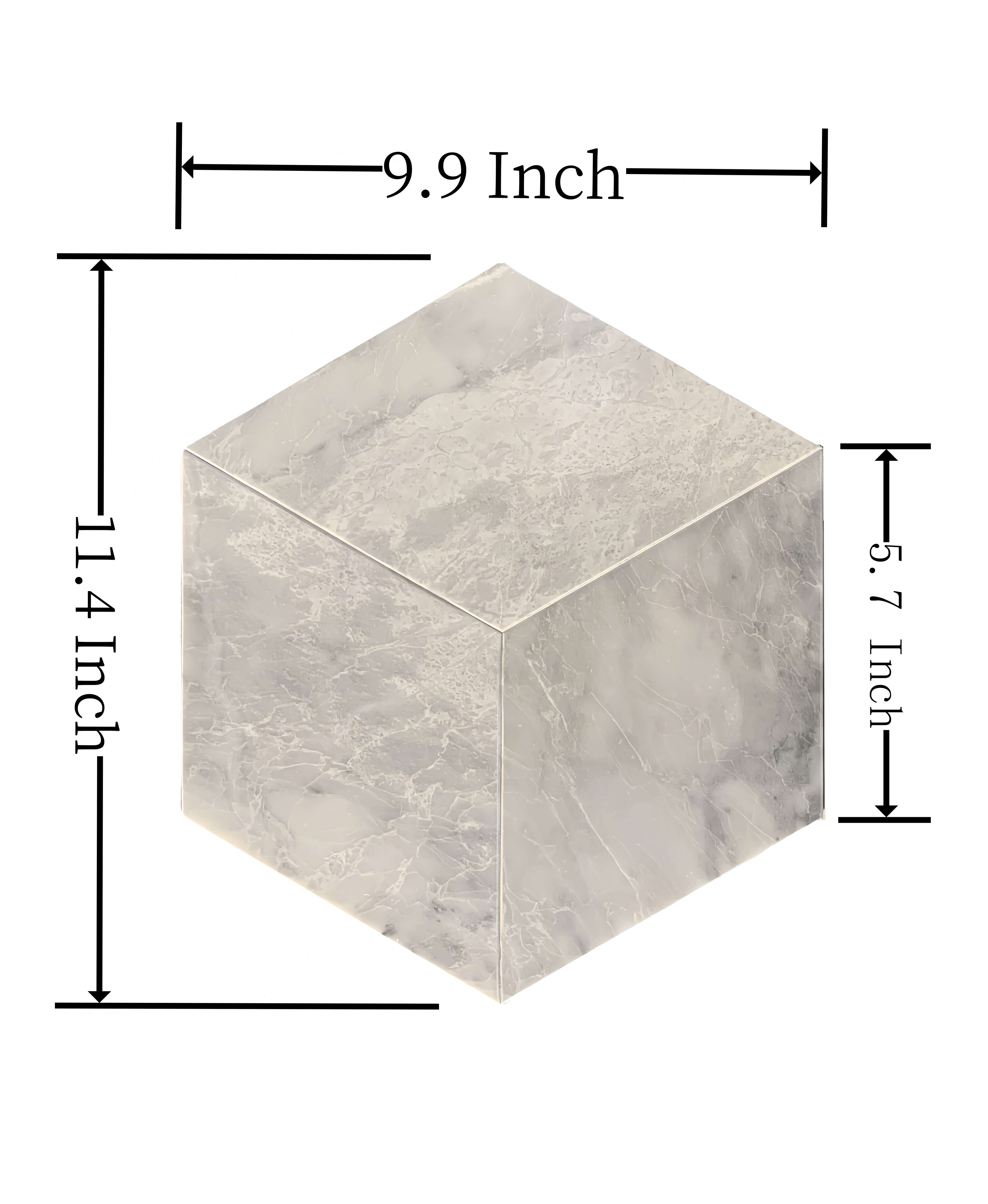 Top-down view of the Carrara Gray polished marble tile showing precise dimensions (11.4 x 9.9 inches) for easy assembly and installation on walls or floors. Each natural piece is unique.