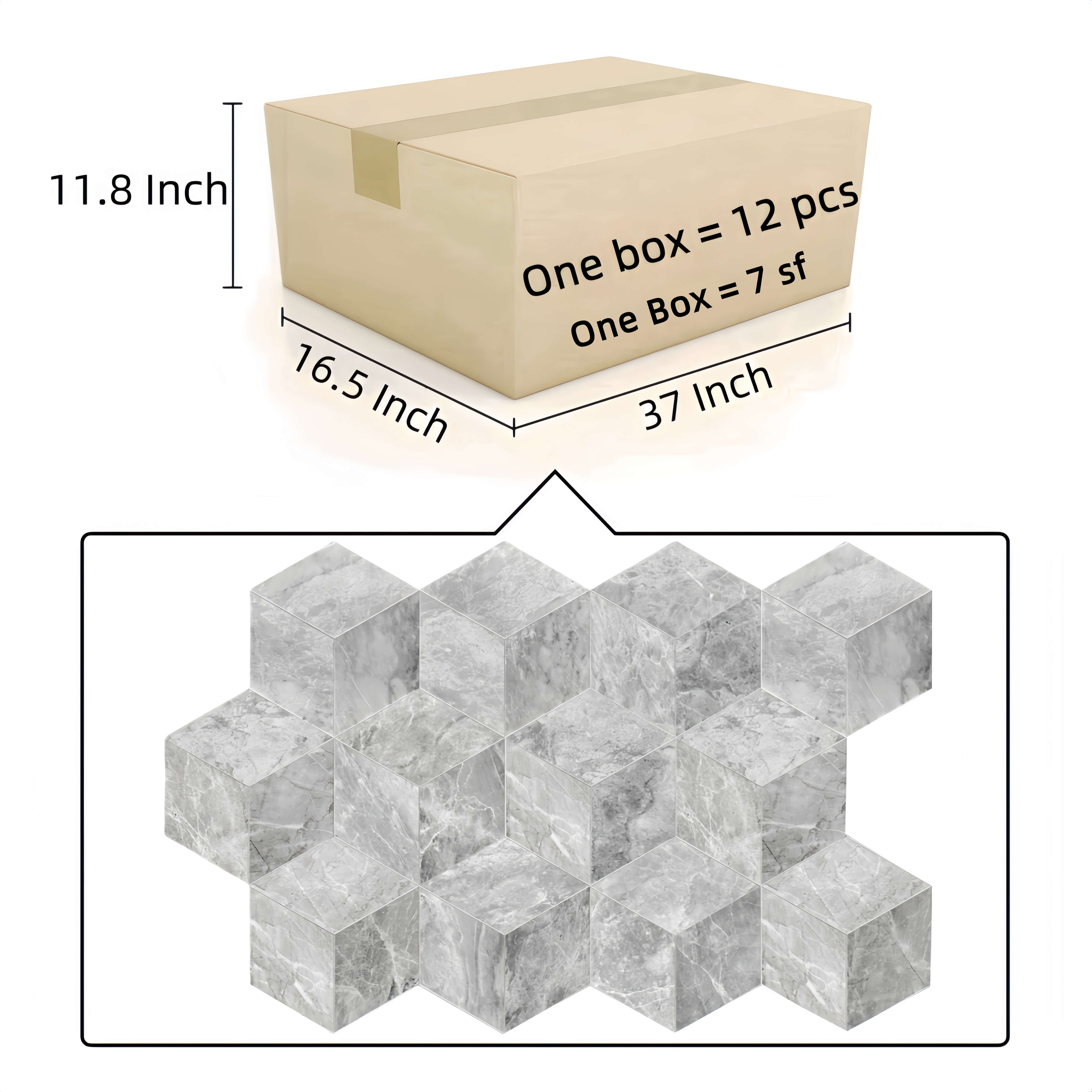 Secure, damage-resistant packaging for Carrara Gray marble hexagon tiles. Each box contains 12 pieces covering 7 square feet, currently in stock at our US warehouse.