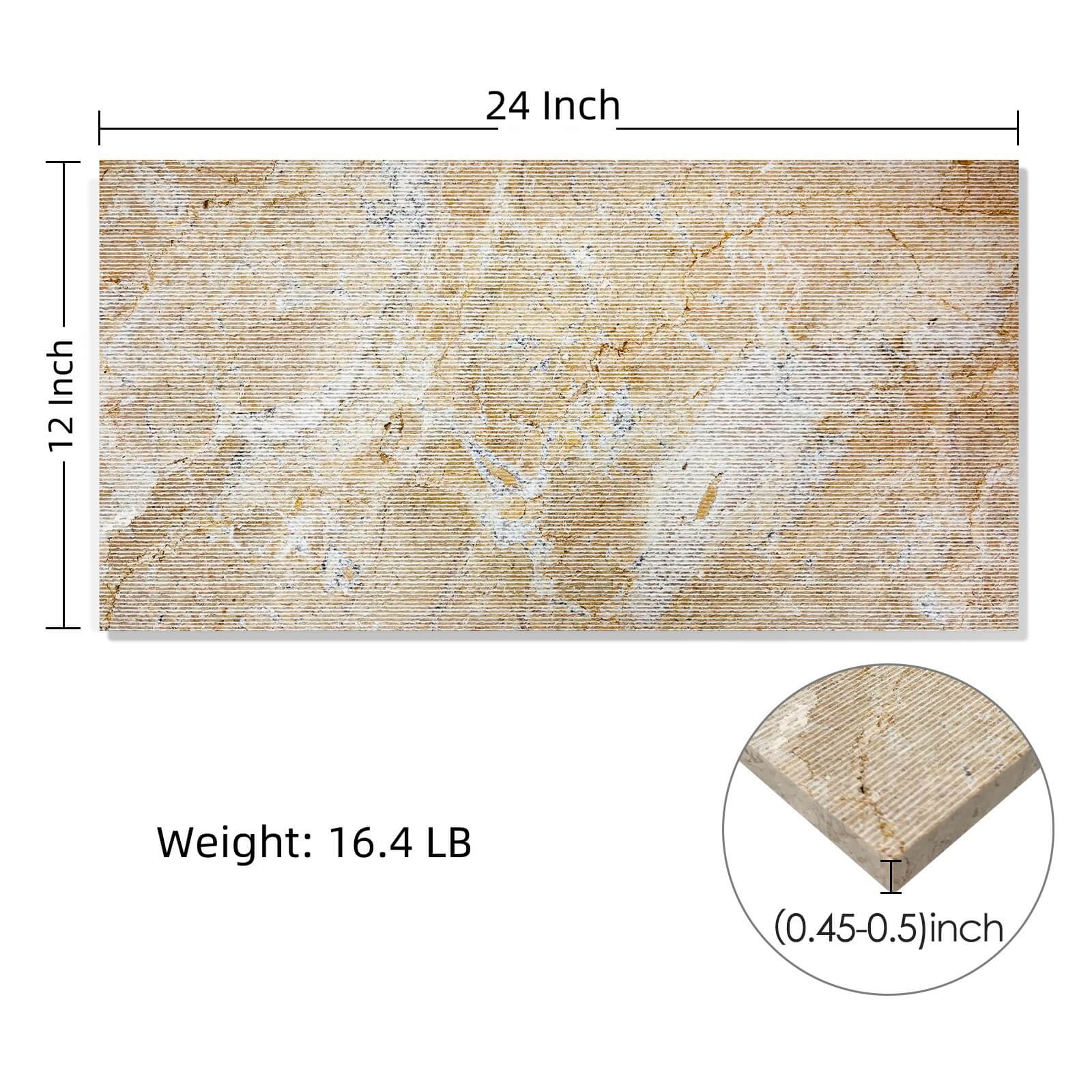 Detailed dimensions of Hyatt Gold 3D fluted marble tile showing 12x24 inch size, 16.4 LB weight, and 0.45 to 0.5 inch thickness, designed for easy installation.