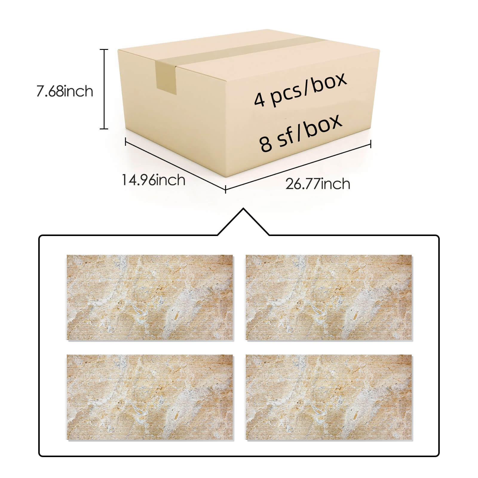 Safe damage-proof packaging for Hyatt Gold textured marble tiles, containing 4 pieces per box covering 8 square feet, ensuring secure transit.