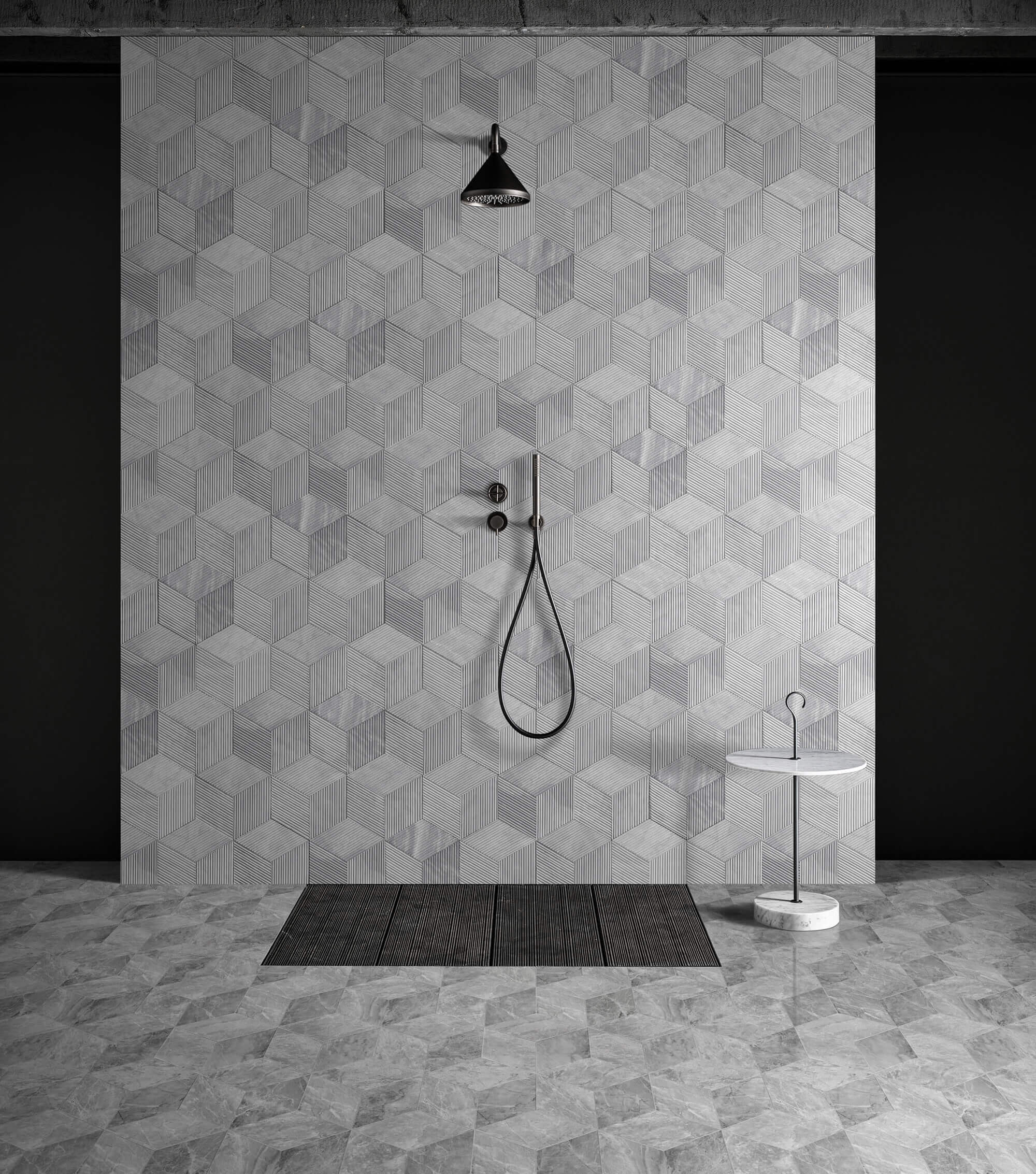 Sophisticated design featuring a mix-and-match application: glossy Carrara Gray polished marble hexagon tiles on the floor contrasting with matte Carrara Gray OL textured hexagon tiles on the wall. Both are 100% natural exclusive stone.