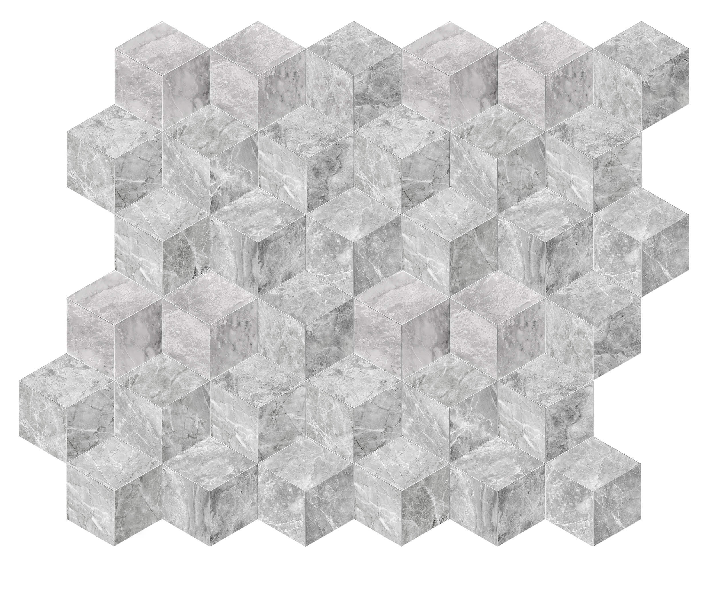 Seamless 3D cube pattern created by combining multiple Carrara Gray polished marble hexagon tiles. Perfect for elevating bathroom walls, kitchen backsplashes, and elegant floors.
