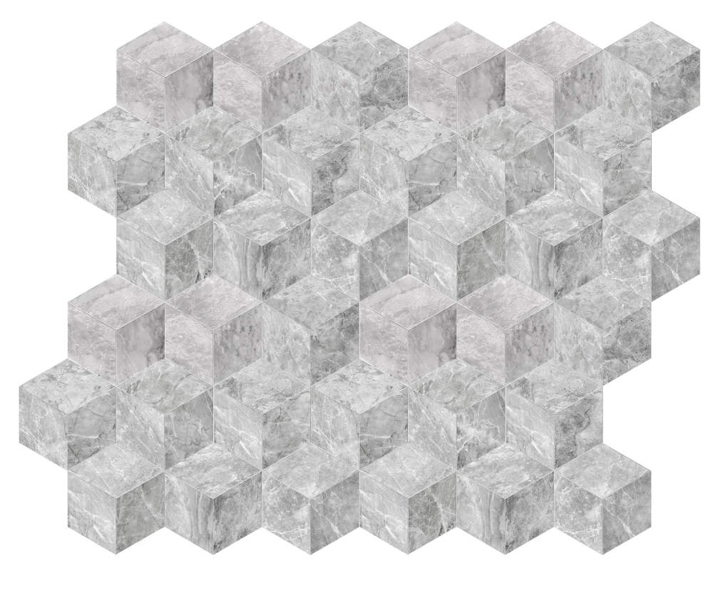 Seamless 3D cube pattern created by combining multiple Carrara Gray polished marble hexagon tiles. Perfect for elevating bathroom walls, kitchen backsplashes, and elegant floors.