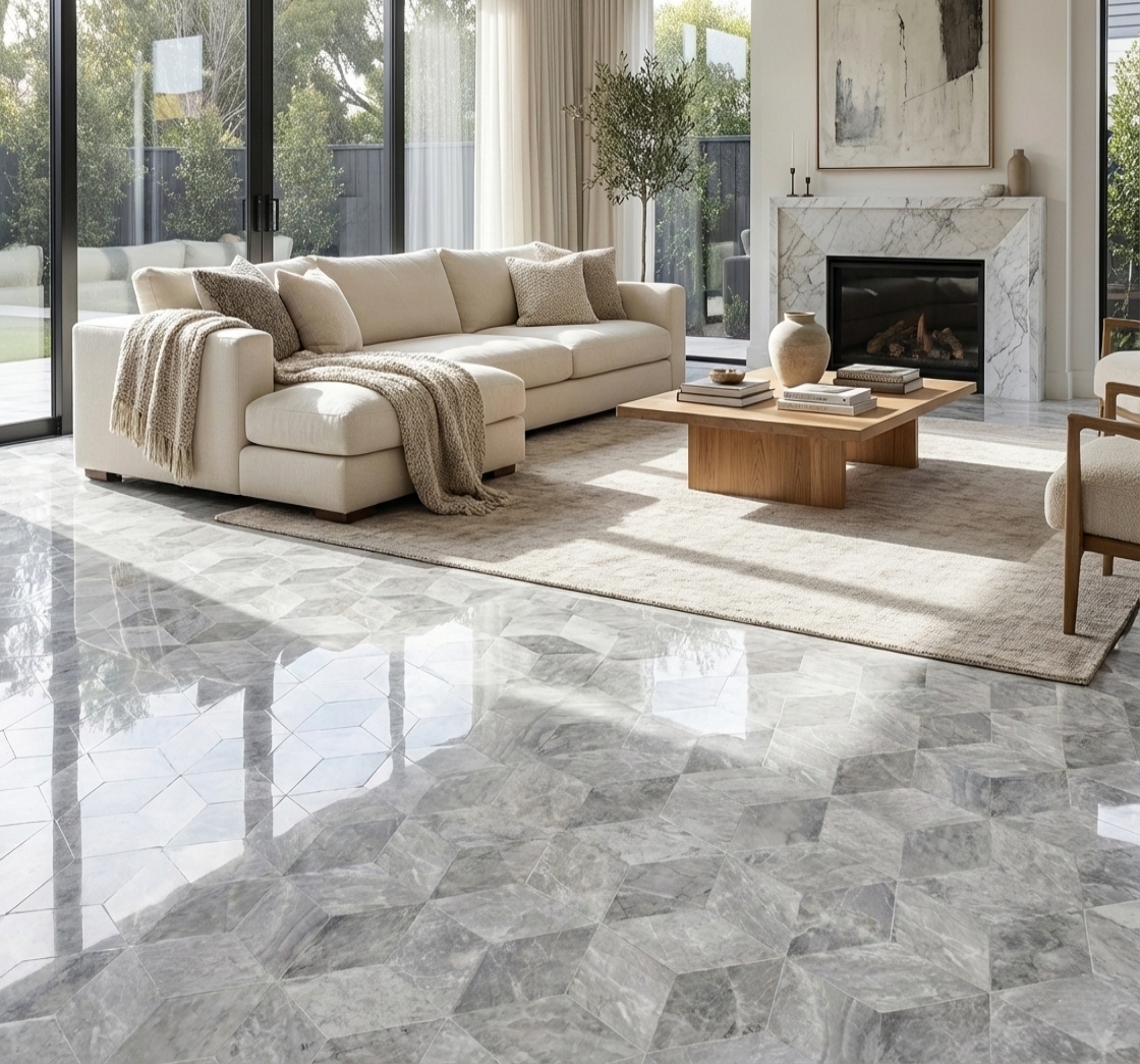 Elegant living room featuring Carrara Gray polished marble hexagon tiles on the floor. The unique 3D cube illusion adds a modern touch to this 100% natural exclusive stone.