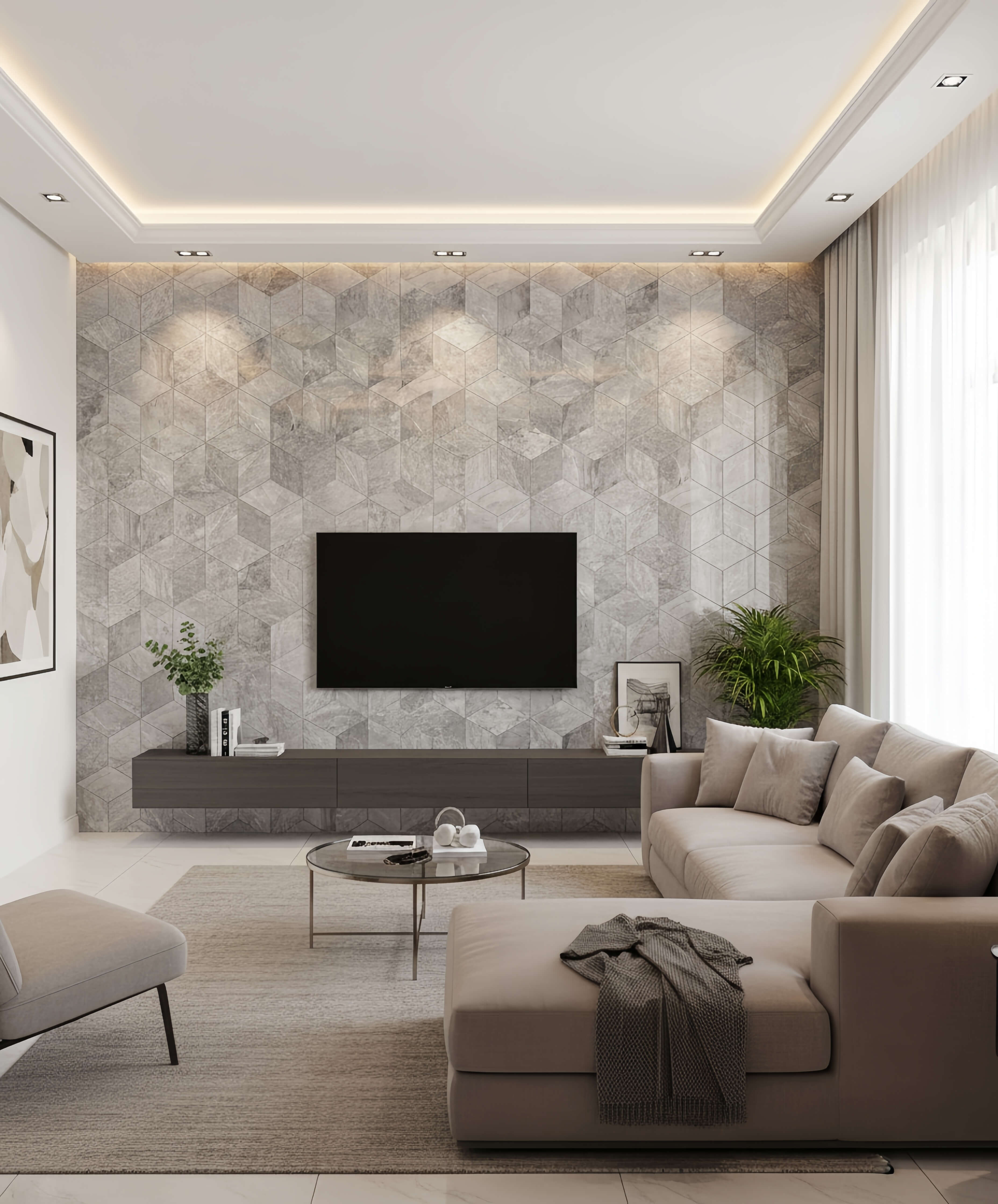 Contemporary living room with a full TV accent wall utilizing the mesmerizing 3D cube pattern of Carrara Gray marble hexagon tiles. An easy-to-assemble upgrade that instantly elevates your home decor.