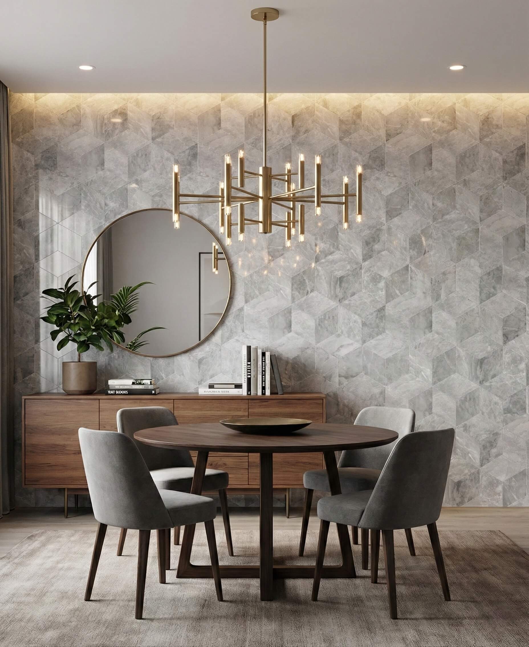 Sophisticated dining area featuring a captivating 3D cube accent wall made from Carrara Gray polished marble tiles. Easy to install and currently in stock at our US warehouse for fast shipping.