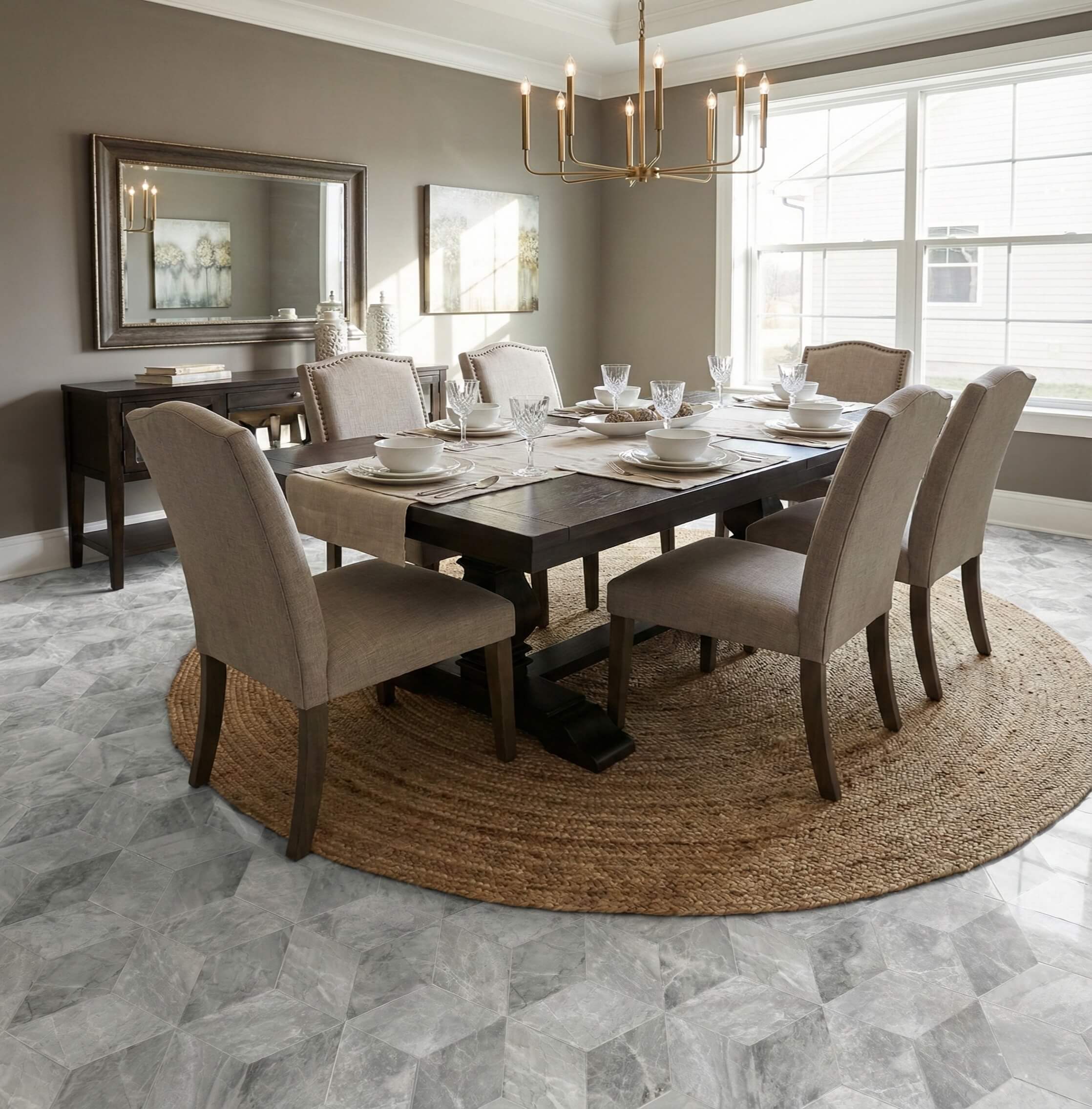 Sophisticated dining room floor styled with natural Carrara Gray polished marble tiles. Our secure packaging ensures these unique hexagon tiles arrive safely for your renovation.