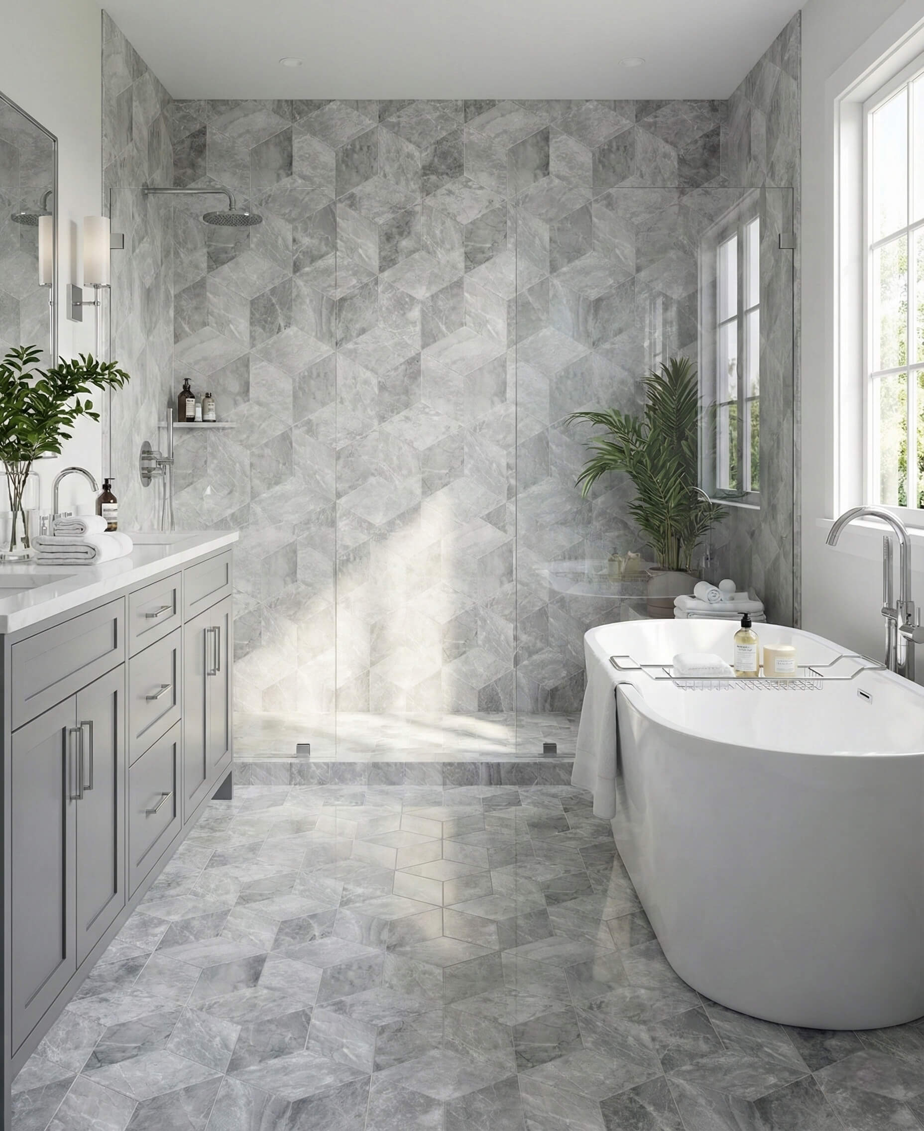 Bright and elegant bathroom featuring Carrara Gray polished marble tiles in the shower and on the floor. The 100% natural exclusive stone creates a luxurious, spa-like atmosphere.