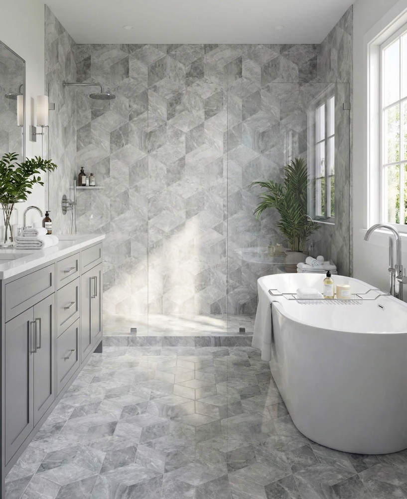 Bright and elegant bathroom featuring Carrara Gray polished marble tiles in the shower and on the floor. The 100% natural exclusive stone creates a luxurious, spa-like atmosphere.