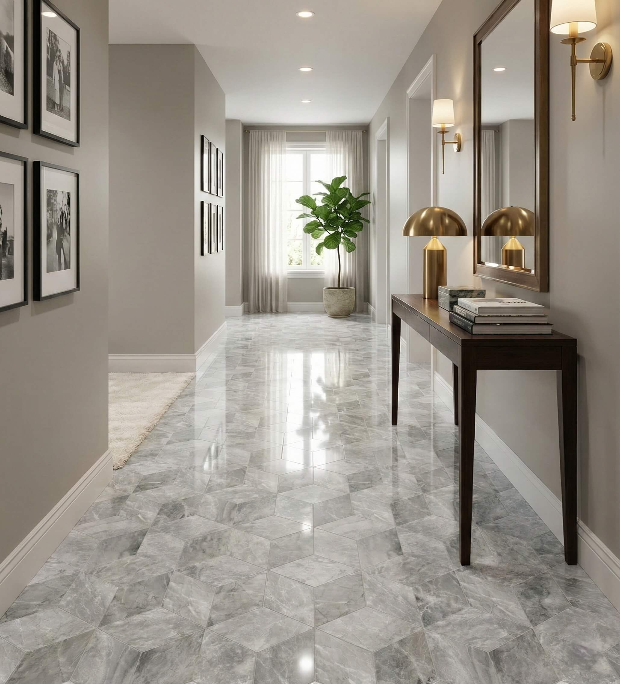 Bright and welcoming hallway floor elegantly paved with our Carrara Gray polished marble hexagon tiles. Each 100% natural piece is unique, offering a premium, highly durable finish for high-traffic areas.