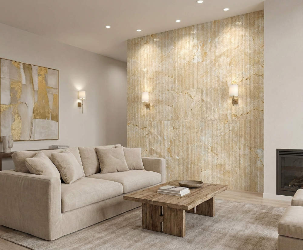 Luxurious living room accent wall featuring 12x24 Hyatt Gold marble tiles. Easy to assemble and shipped safely from our USA warehouse for your interior projects.