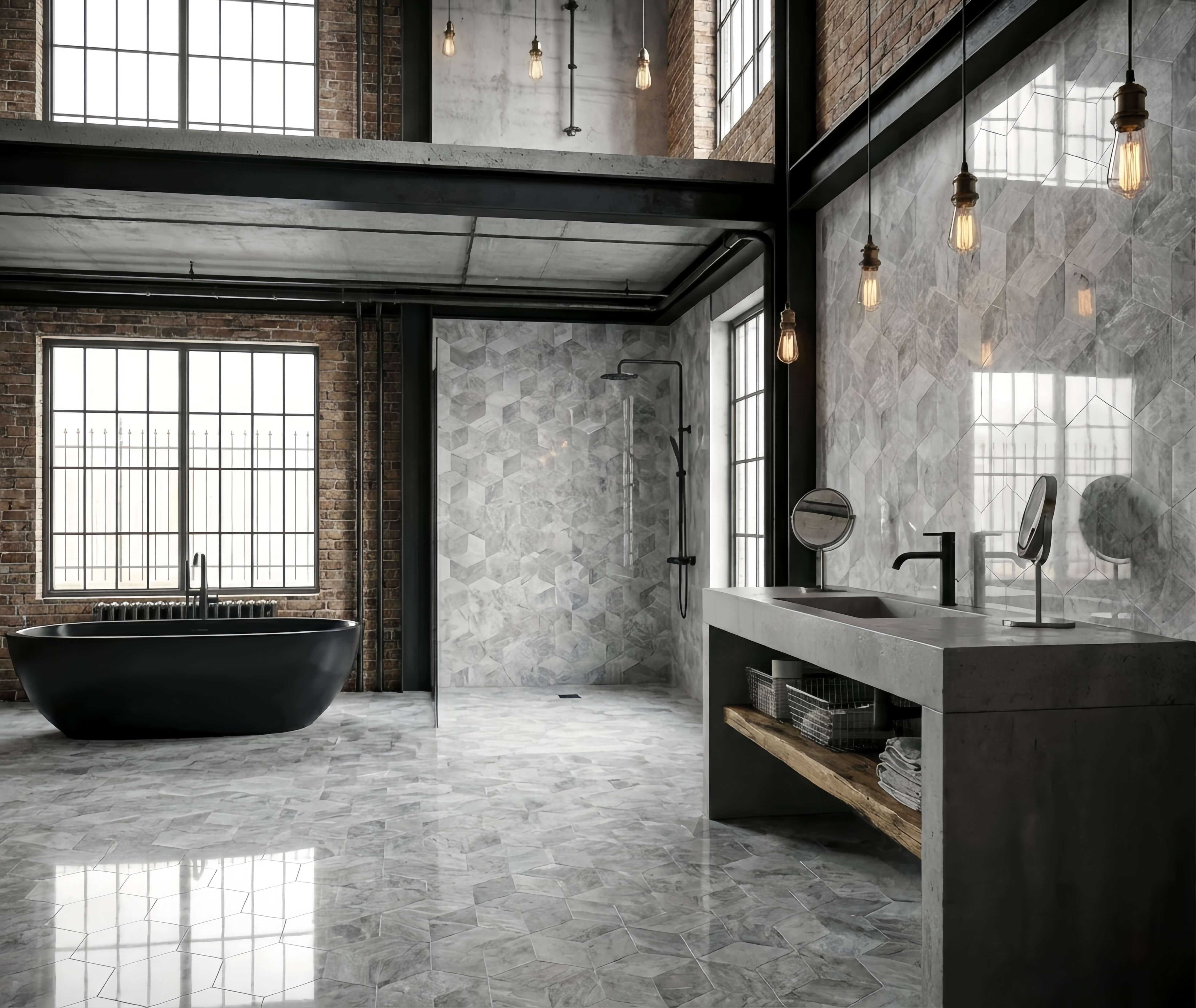 Modern industrial bathroom design featuring Carrara Gray marble hexagon tiles on both the walls and floor. The natural variations of the stone pair perfectly with dark fixtures.
