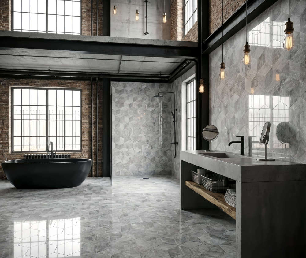 Modern industrial bathroom design featuring Carrara Gray marble hexagon tiles on both the walls and floor. The natural variations of the stone pair perfectly with dark fixtures.