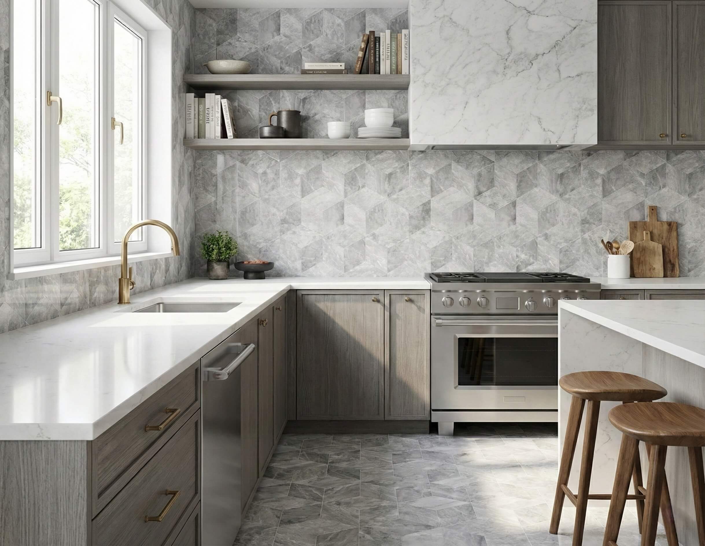 Beautiful kitchen renovation utilizing Carrara Gray polished marble hexagon tiles for both the floor and backsplash. Easy to install, these unique stones elevate any culinary space.