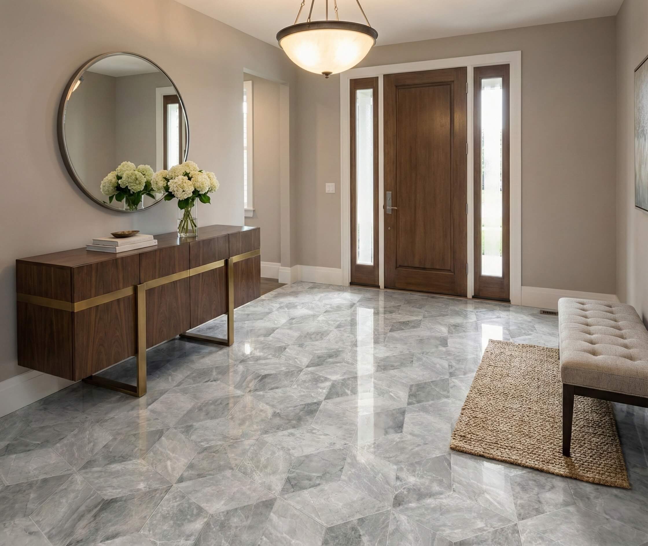 Luxury entryway showcasing the glossy finish of Carrara Gray polished marble floor tiles. The 100% natural stone provides a durable, welcoming, and one-of-a-kind entrance to your home.