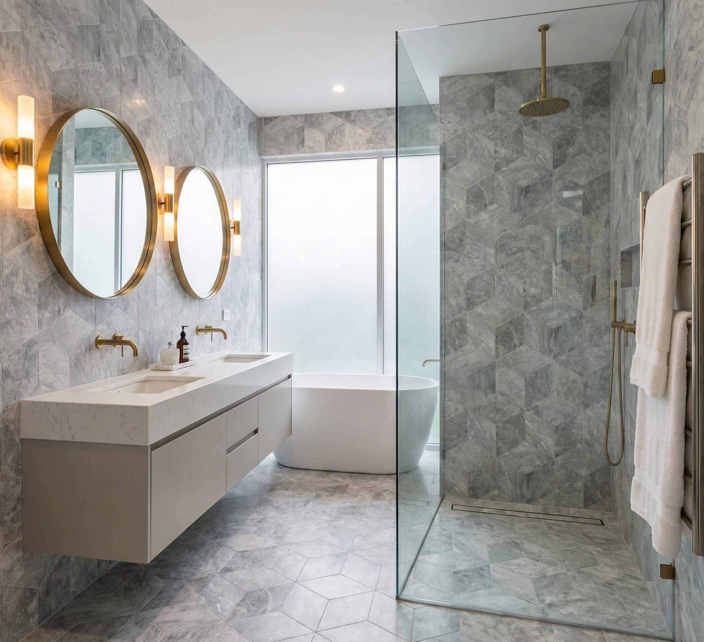 Walk-in shower featuring a stunning Carrara Gray polished marble 3D cube wall. This 100% natural exclusive stone is perfect for creating a luxurious, one-of-a-kind bathroom oasis.