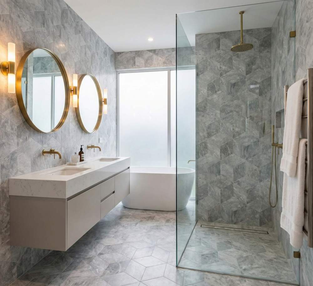 Walk-in shower featuring a stunning Carrara Gray polished marble 3D cube wall. This 100% natural exclusive stone is perfect for creating a luxurious, one-of-a-kind bathroom oasis.