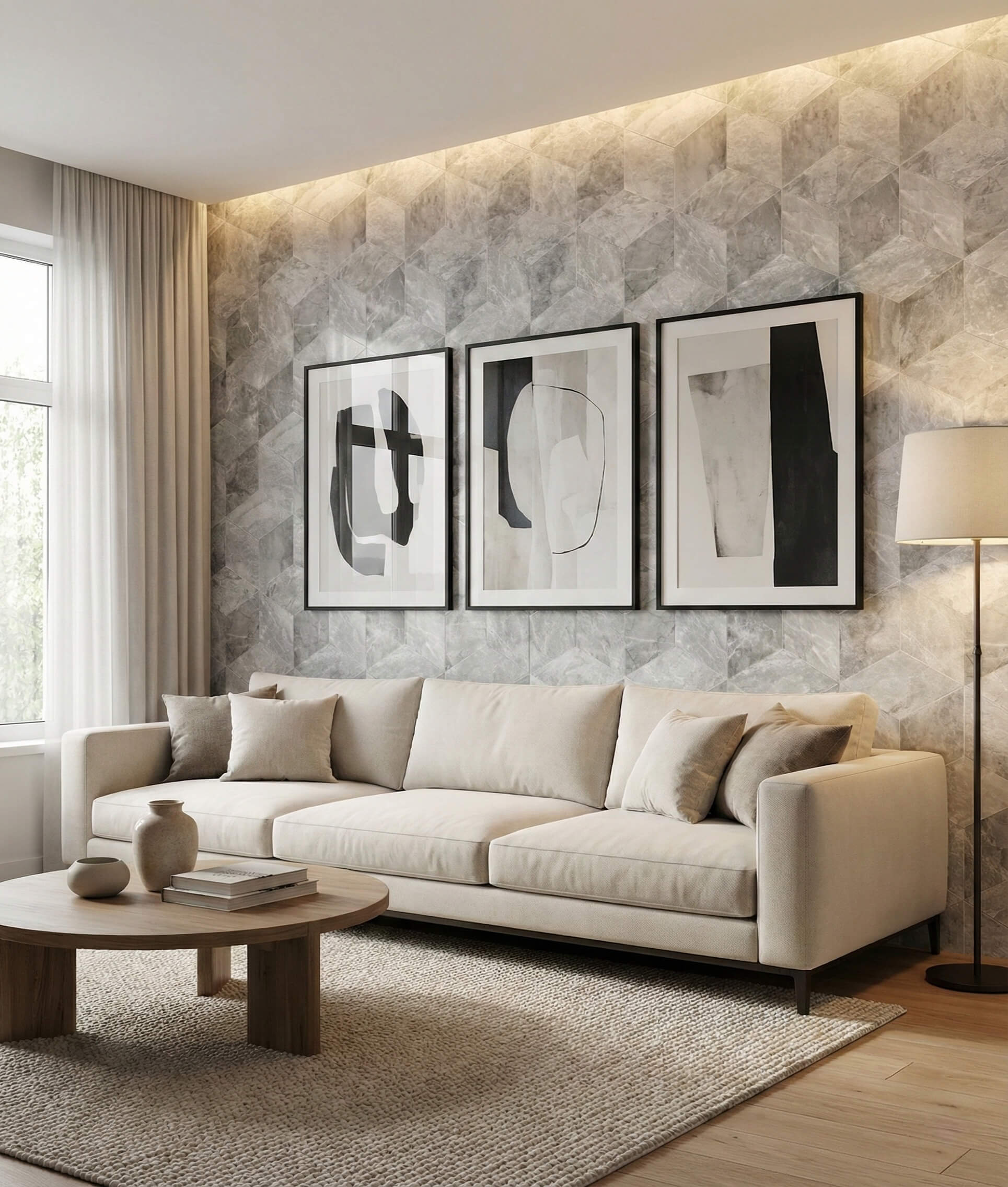Stunning accent wall behind a sofa using Carrara Gray polished marble hexagon tiles. Each piece is unique, easy to assemble, and effortlessly transforms the residential space.