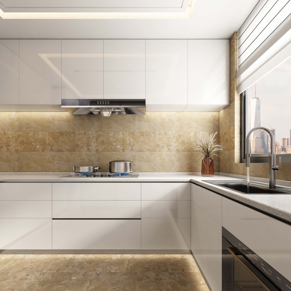 Luxury kitchen backsplash utilizing an inspiring mix and match of 12x24 Hyatt Gold polished and FS finish marble tiles. Elevate your interior with exclusive natural stone, in stock in our US warehouse for quick, easy installation.