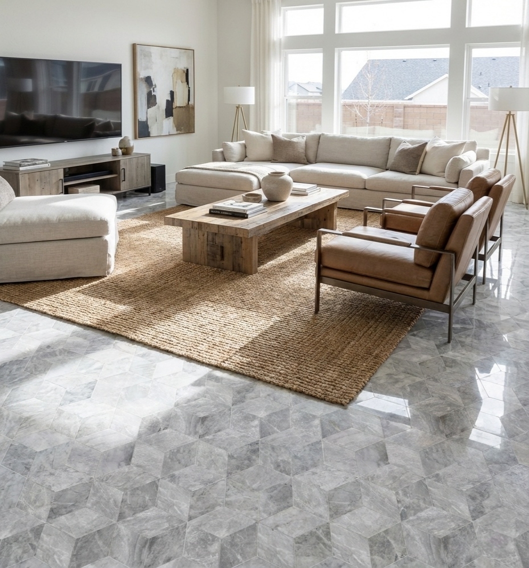 Expansive living room showcasing the beautiful, unique natural variations of Carrara Gray polished marble floor tiles. Our secure packaging ensures safe delivery directly to your door for large-scale renovations.