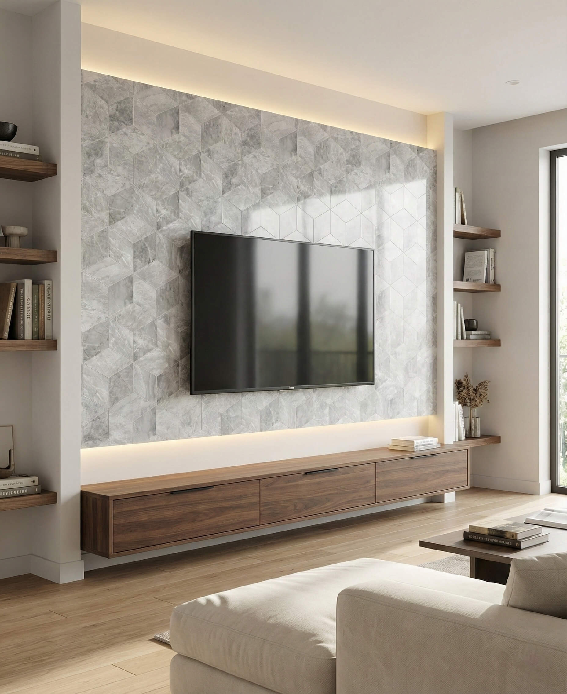 Contemporary living room TV accent wall featuring the 3D cube illusion of our Carrara Gray marble tiles. In stock at our US warehouse for quick dispatch and easy installation.