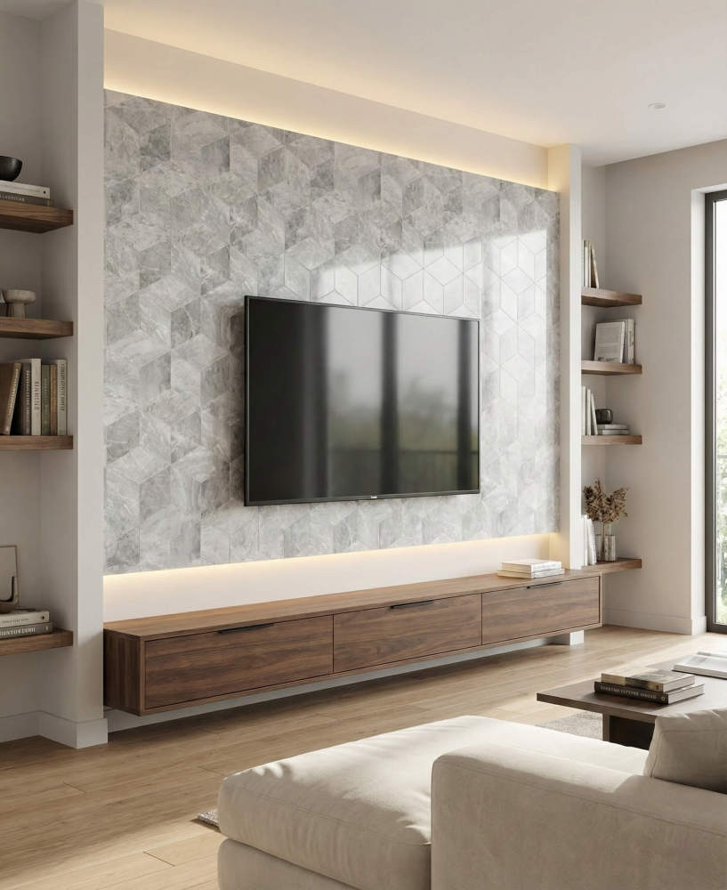 Contemporary living room TV accent wall featuring the 3D cube illusion of our Carrara Gray marble tiles. In stock at our US warehouse for quick dispatch and easy installation.