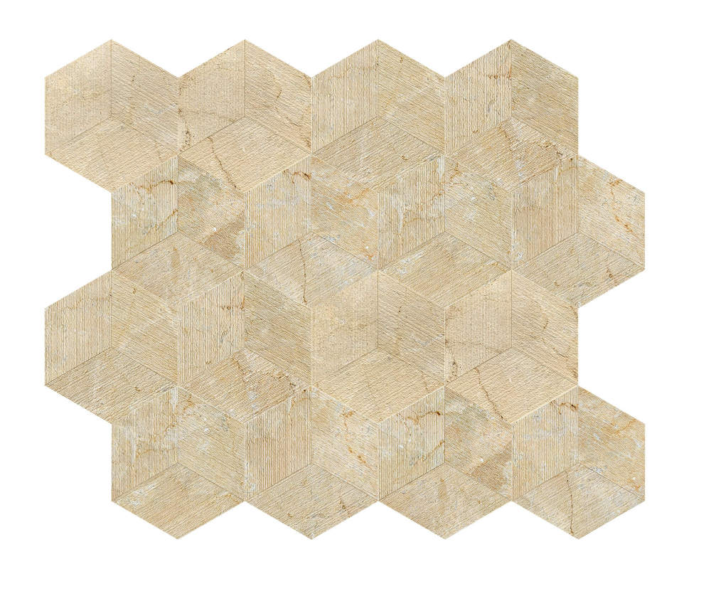 Layout of 16 hexagon gold beige marble tiles seamlessly assembled to create a stunning 3D cubic geometric pattern for interior decor.